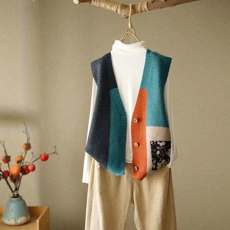 Loose, versatile sleeveless sweater with multicolored blocks and pockets
