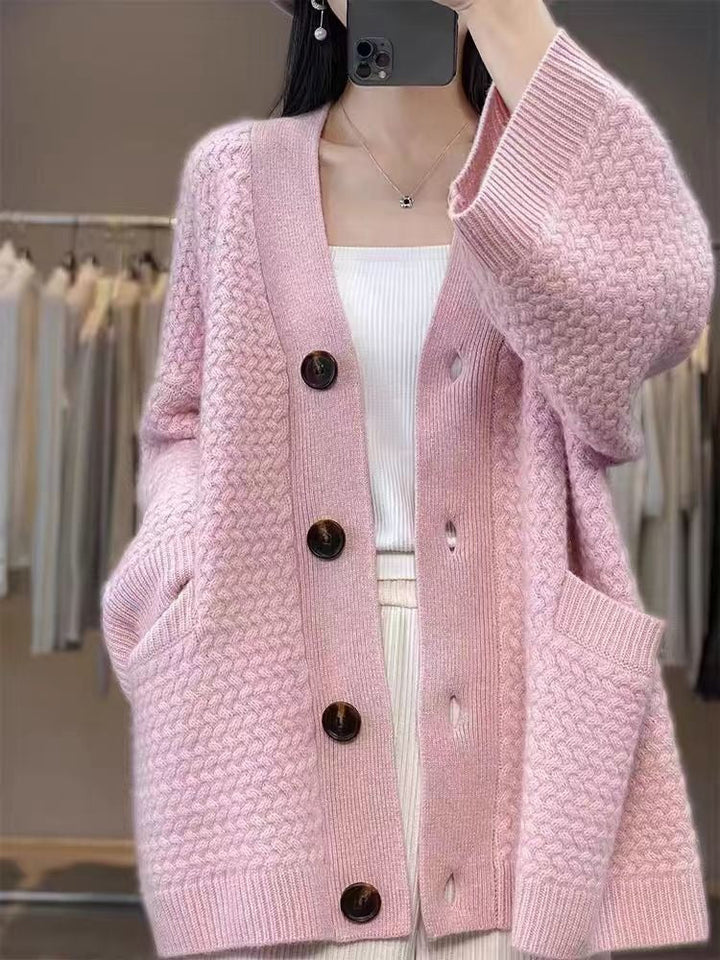 High-quality thick mid-length cardigan sweater with a V-neck, loose and casual fit with pockets