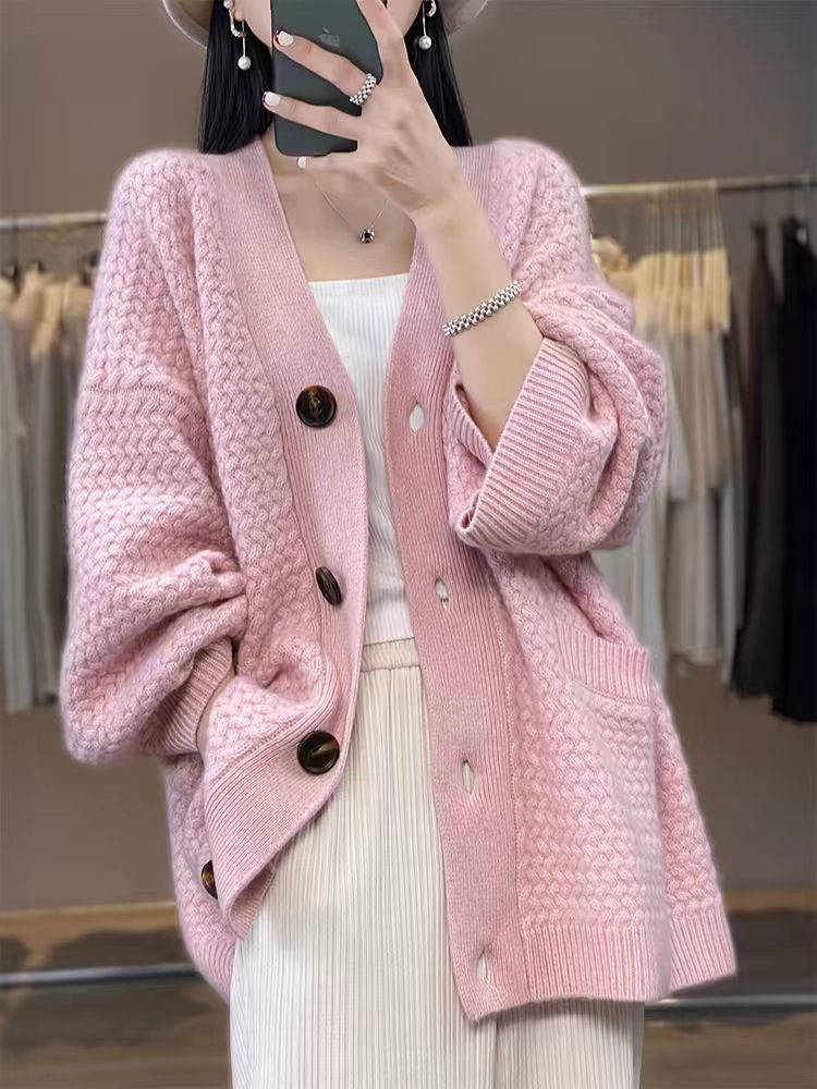 High-quality thick mid-length cardigan sweater with a V-neck, loose and casual fit with pockets