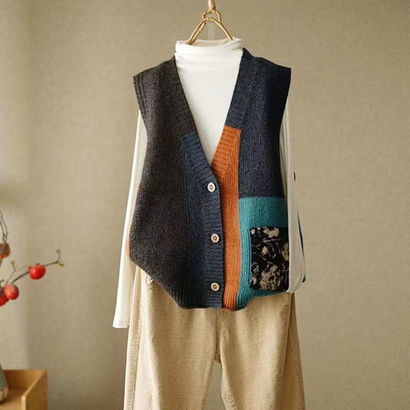 Loose, versatile sleeveless sweater with multicolored blocks and pockets