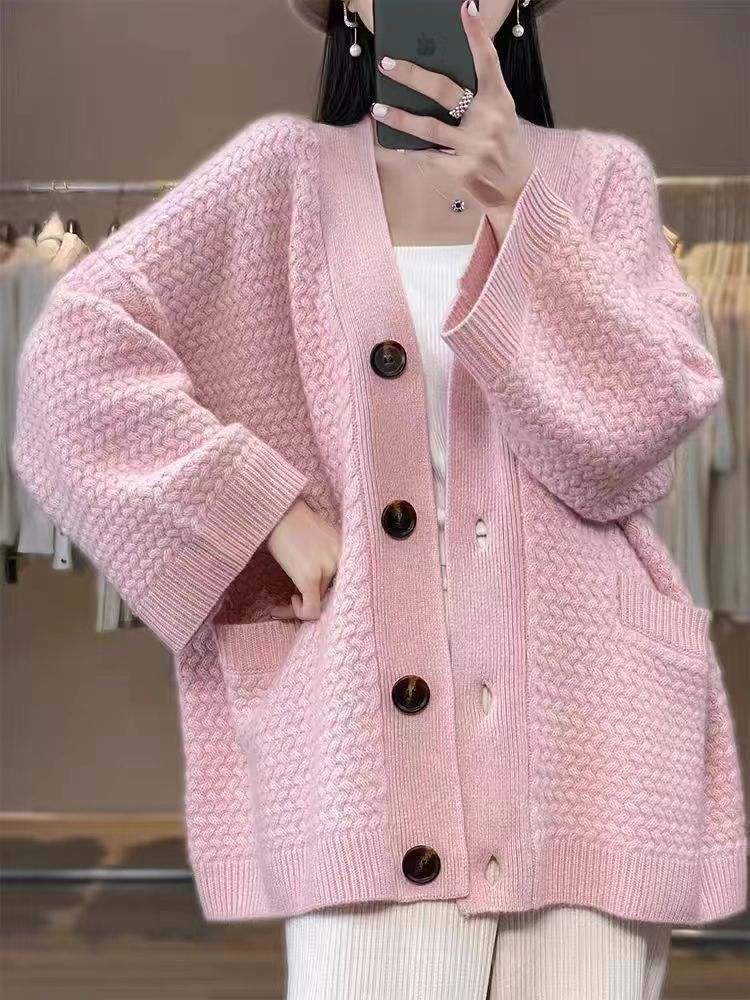 High-quality thick mid-length cardigan sweater with a V-neck, loose and casual fit with pockets