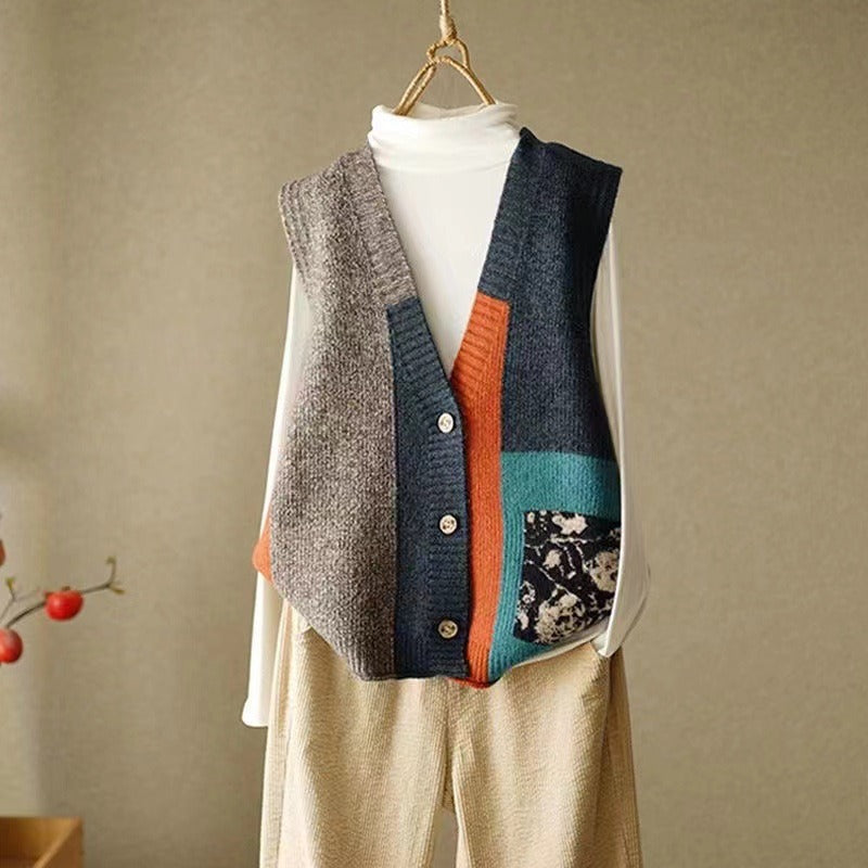 Loose, versatile sleeveless sweater with multicolored blocks and pockets
