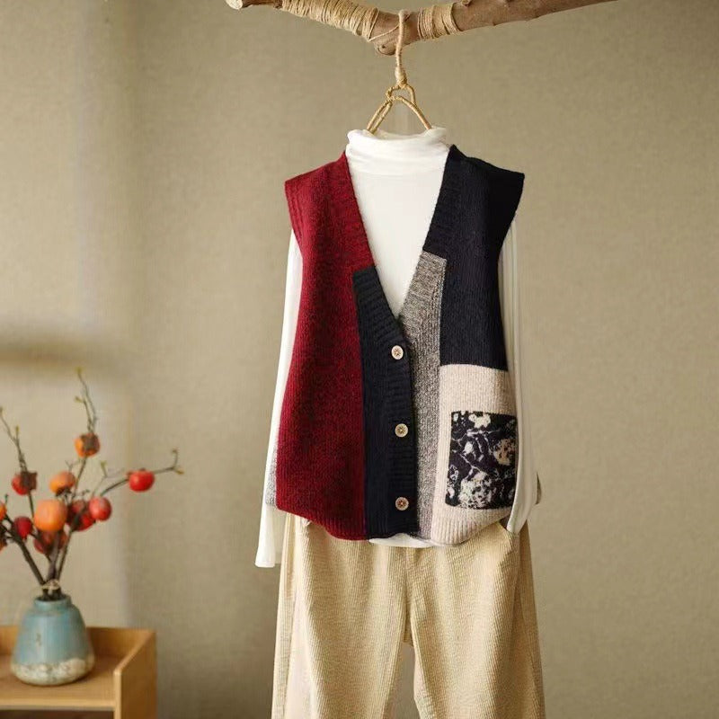 Loose, versatile sleeveless sweater with multicolored blocks and pockets