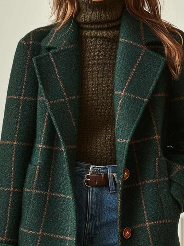 Chic Women's Retro Plaid Tweed Coat with Elegant Lapel