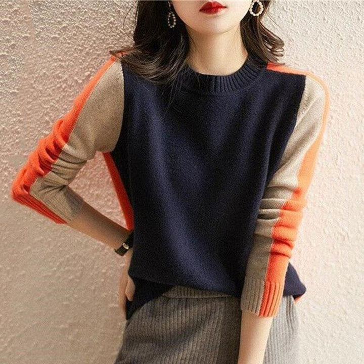 Braided Design Knit Autumn-Winter Thick Long Sleeve and Round Neck Loose Mixed Style Colorful Knit Sweater