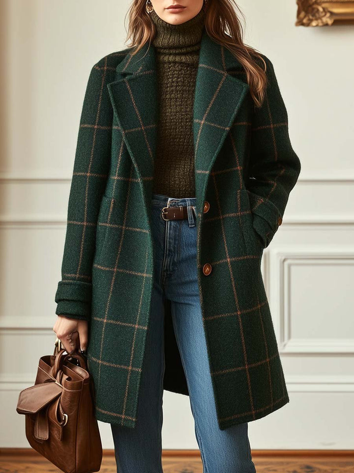 Chic Women's Retro Plaid Tweed Coat with Elegant Lapel
