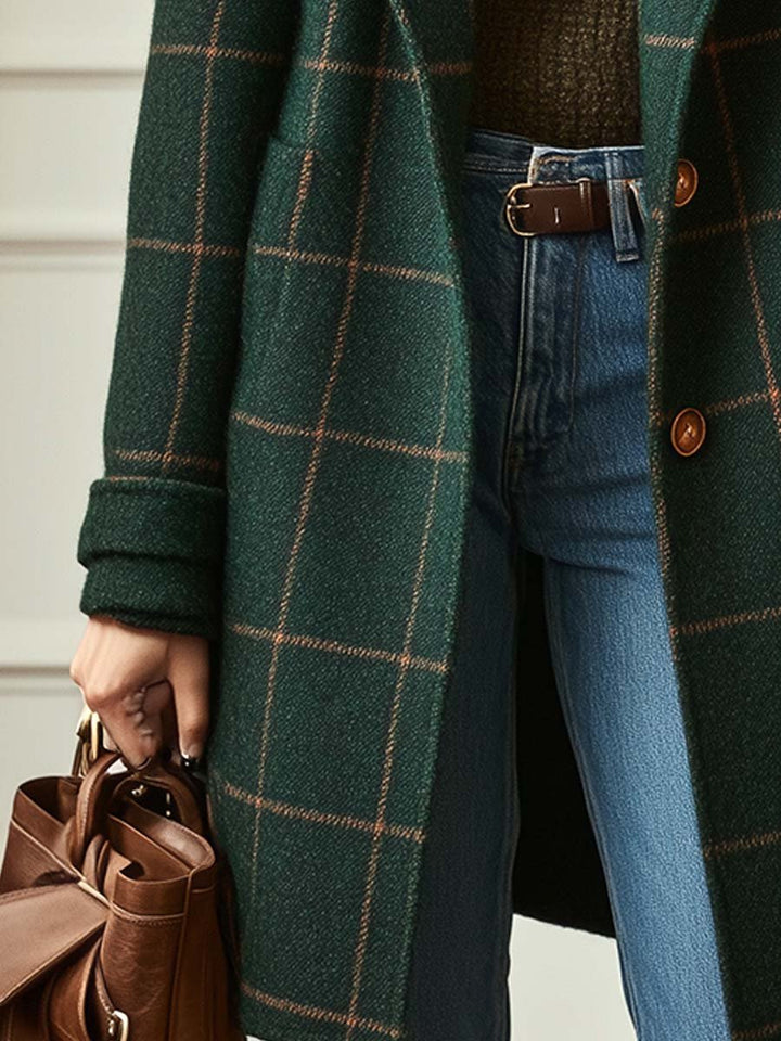 Chic Women's Retro Plaid Tweed Coat with Elegant Lapel