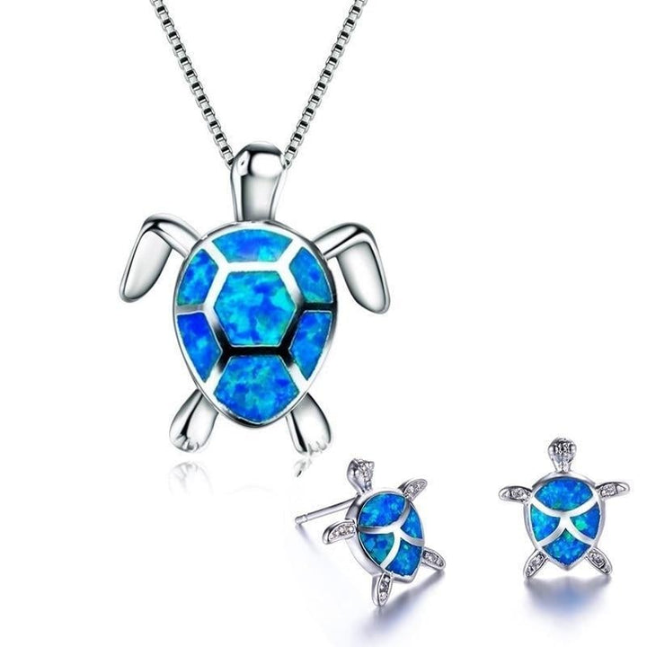 Sea Turtle Set – Silver Necklace and Earrings with Opal
