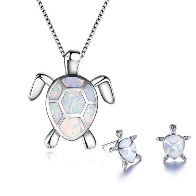 Sea Turtle Set – Silver Necklace and Earrings with Opal