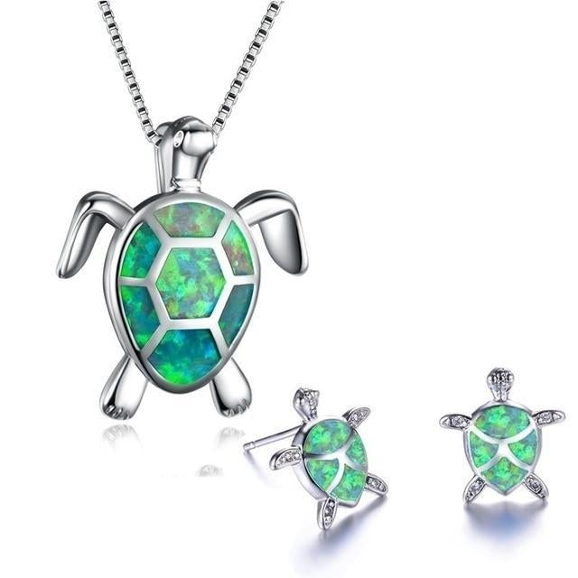 Sea Turtle Set – Silver Necklace and Earrings with Opal