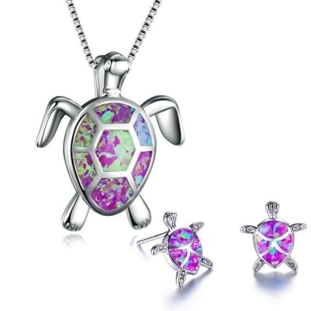 Sea Turtle Set – Silver Necklace and Earrings with Opal