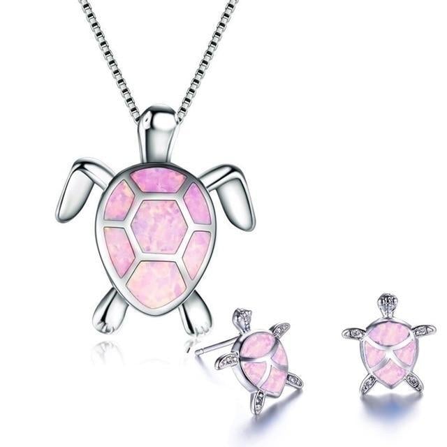 Sea Turtle Set – Silver Necklace and Earrings with Opal