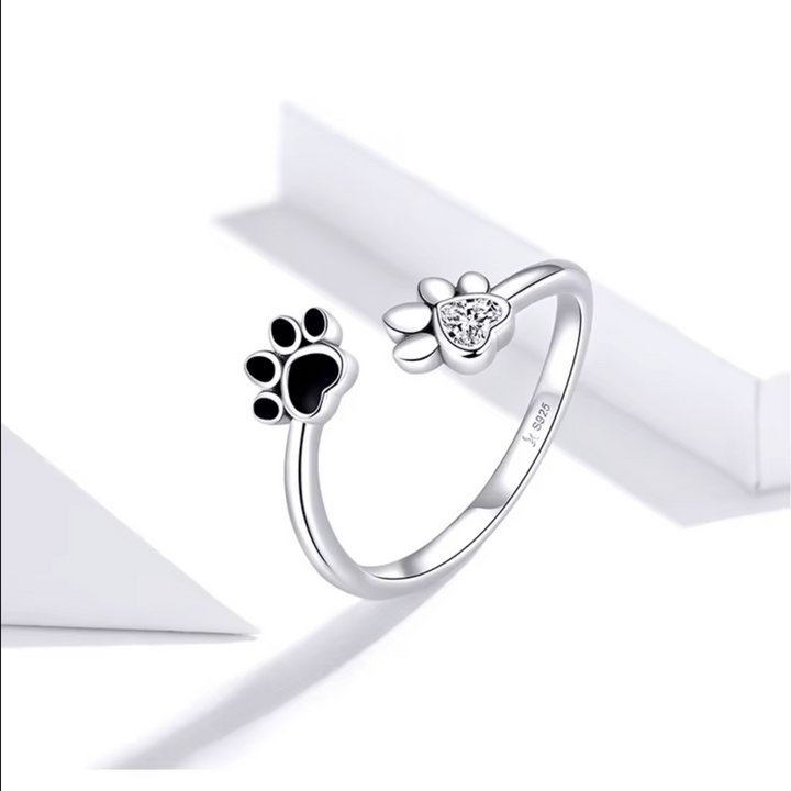 Sterling Silver 925 Paw Ring – Adjustable Ring with Zirconia and Enamel