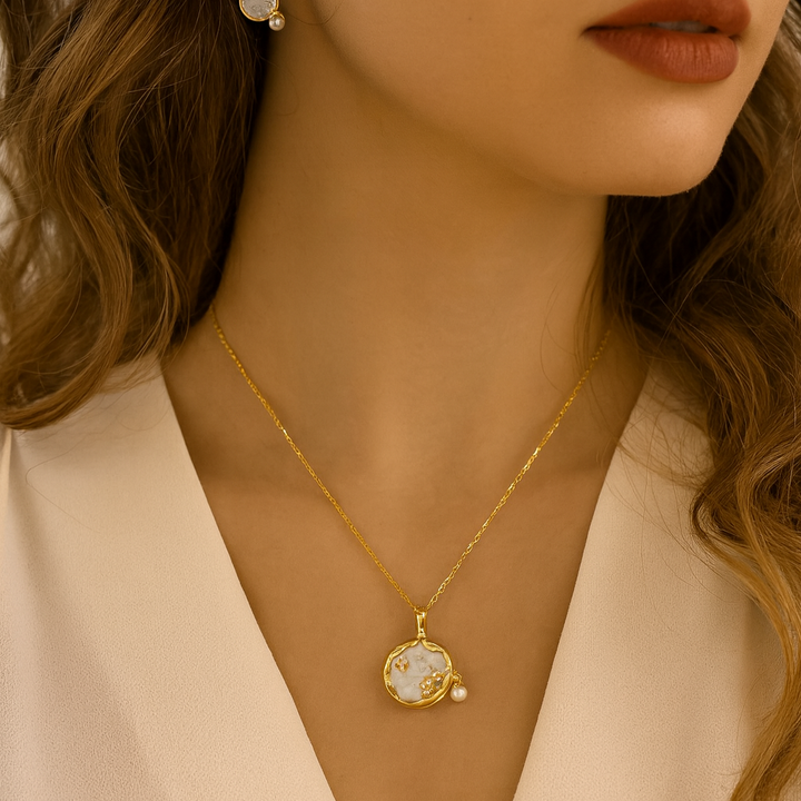Moonstone with Pearl Necklace in Gold