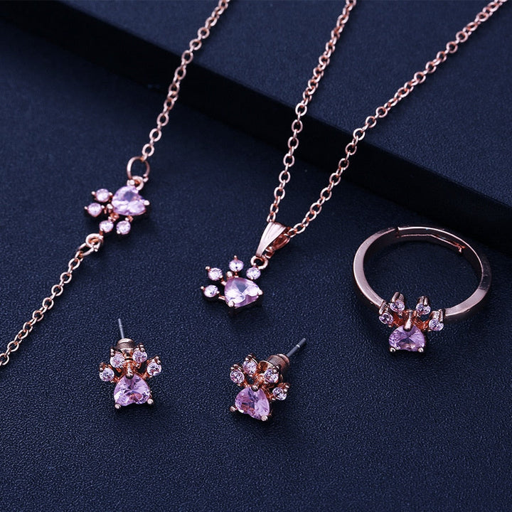 Jewelry Set with Paw Prints for Women – 4 Pieces | Rose Gold with Heart Zirconia – Ring, Necklace, Earrings, and Bracelet
