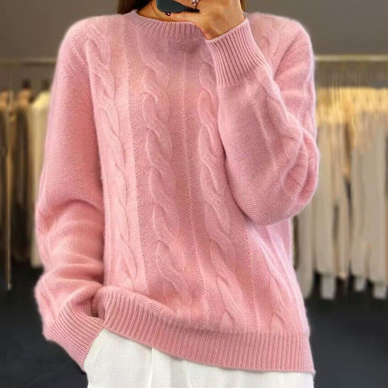 Warm, knitted sweater in solid color with round neckline 02