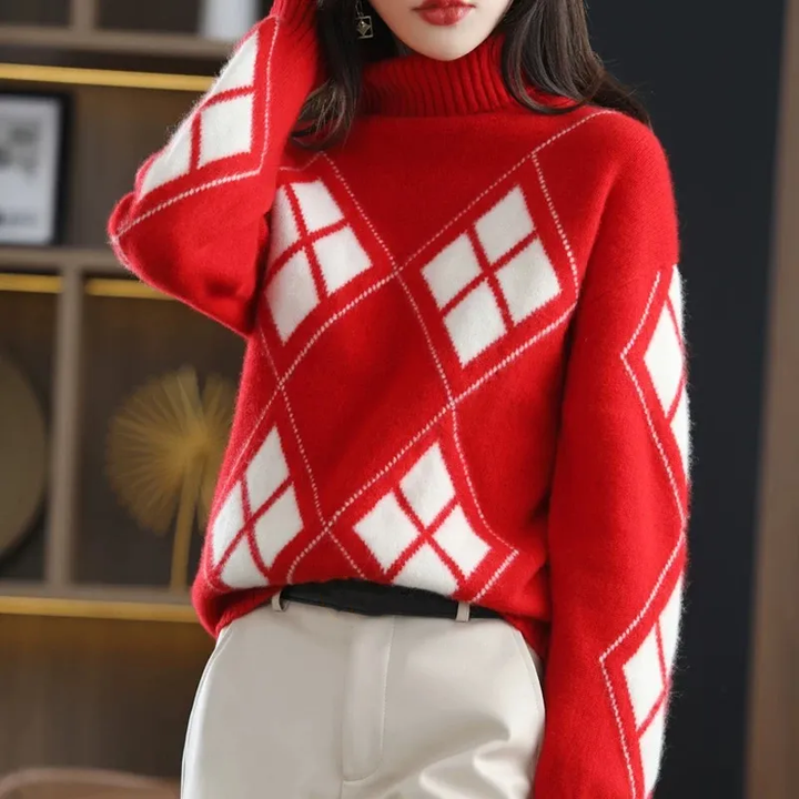 Women's Turtleneck Sweater in Plaid, Made of Cashmere
