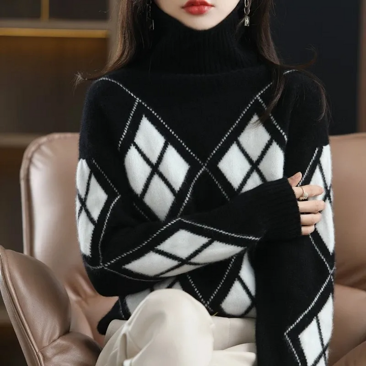 Women's Turtleneck Sweater in Plaid, Made of Cashmere